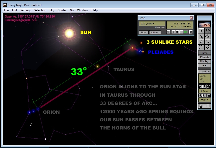 Star program screenshot - 10000BC - 3 Pleiadian suns between Taurus horns